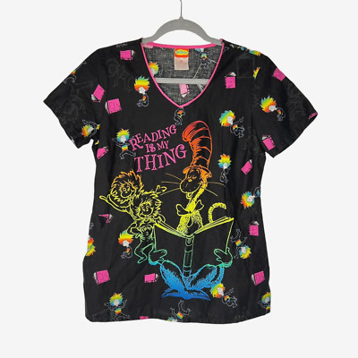 NWOT Dr Seuss Reading Is My Thing Scrub V Neck Top Pockets Medical TF626 Size XS