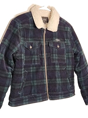 Obey Jacket Corduroy Sz Small Blue Green Plaid Sherpa Lined Heavy