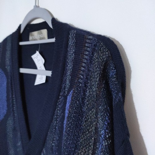 Vintage Wool Knitted Mens Italian Cardigan Size 3 XL Large Navy Blue