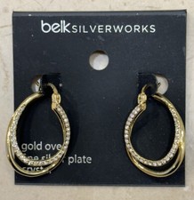 NEW Diamond CRYSTAL Loop PIERCE EARRINGS Fine Gold Over Fine Silver Plate Rt $50