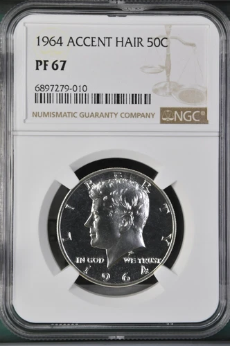 1964 KENNEDY HALF DOLLAR, 50C, NGC PF 67, ACCENTED HAIR