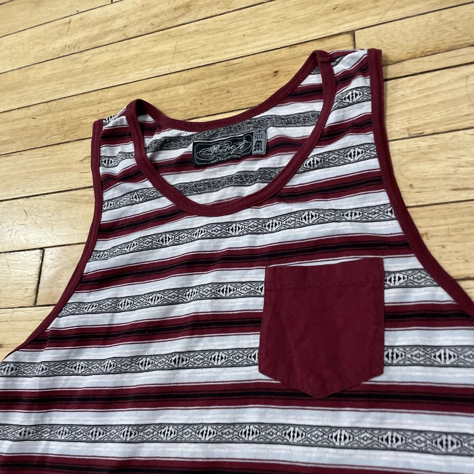 Camiseta sin mangas RETROFIT Tribal para hombre M roja a rayas Y2k bolsillo en contraste skate surf 38" Foto 4 de 4