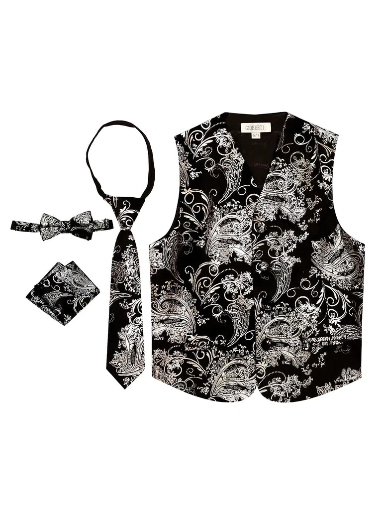 Toddler's Kid's Boy's Formal Jacquard Paisley Vest Bow Tie Pochette Soft VSK-86P