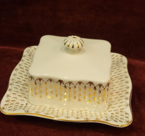 Queen Anne Bone China England Square Covered Butter GOLD Pattern QUA 24 - Picture 1 of 8