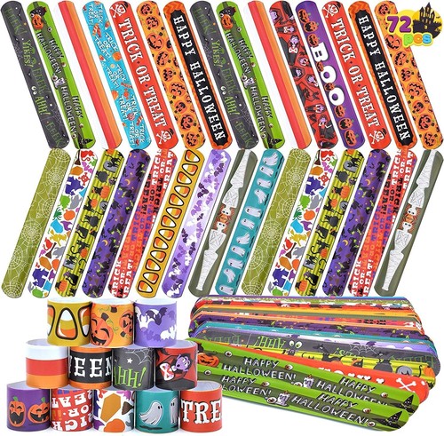 72 Halloween Slap Bracelets Craft Bulk with Spider, Pumpkins, Animal Print
