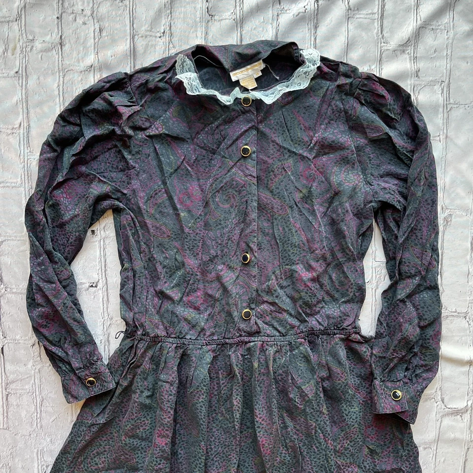 Vestido de Colección Años 80 Seda Brooks Brothers Paisley Encaje Cuello Defecto Pradera Loco Hombres Foto 2 de 4