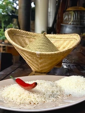 Traditional Thai Sticky Sweet Rice  Handcraft Bamboo Basket Steamer + Wicker Lid