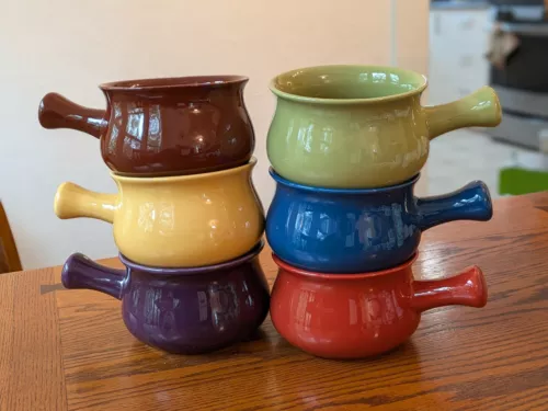Buchase 6 Stoneware Chili /French Onion Soup Bowls With Handle VINTAGE Colors