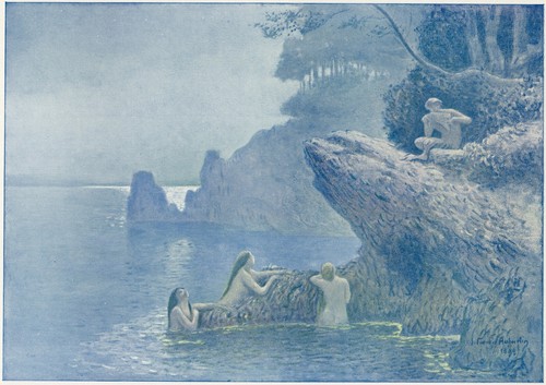 Décoration J Françis Auburtin Forêt Mer Baigneuse Musique Pan Chromotypie C1920 - Picture 2 of 3