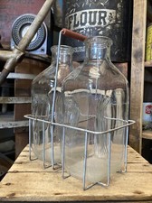 Vintage Metal Milk Carrier Glass Bottles Farm Milkman Dairy Country Kitchen