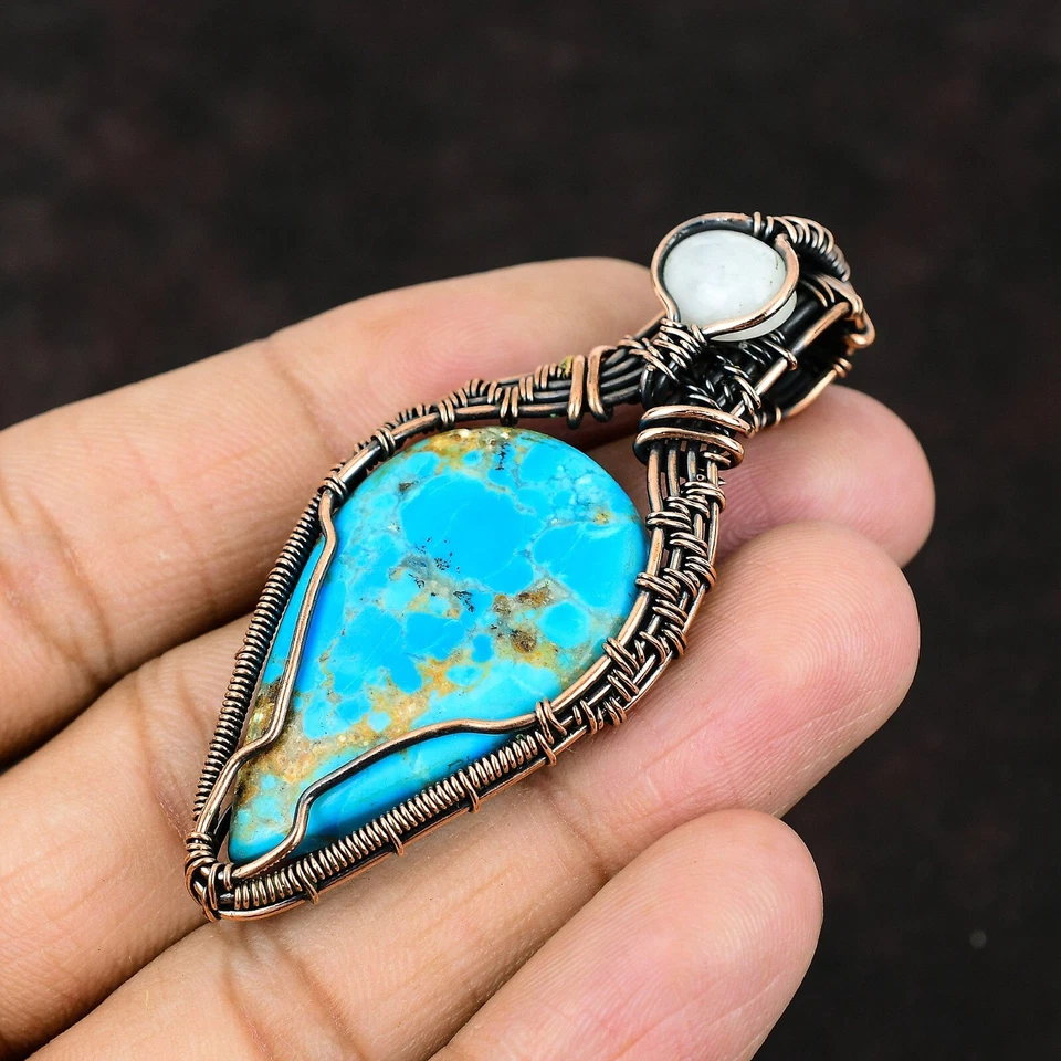 Gift For Her Arizona Turquoise Wire Wrapped Pendant Copper Jewelry 2.64" - Image 3 of 4