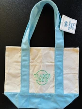 Trader Joes Mini Pastel Blue Canvas Tote Bag Embroidered Logo Double Handles