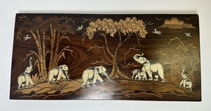 Vintage India Mysore Wood Bone Inlay elephants Hand Painted Wall Art 19x9”