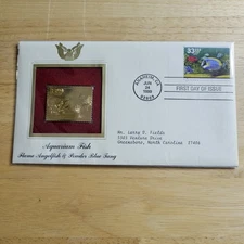 Flame Angelfish & Powder Blue Tang 22kt Gold Replica Stamp 1st Day Issue w/card