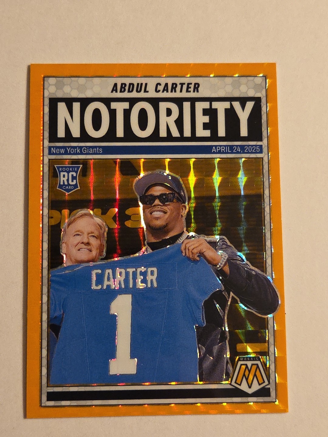 2025 Panini Mosaic Abdul Carter Fluorescent Orange Notoriety #14 NY Giants RC