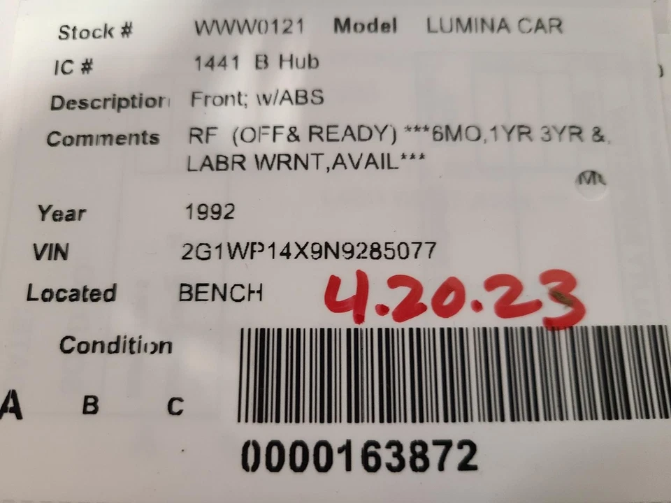 Used Front Wheel Hub fits: 1992 Chevrolet Lumina car Front w/ABS Front Grade A - Image 3 of 4