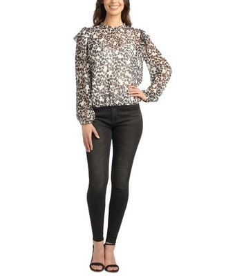 BCX Animal-Print High-Neck Elastic-Hem Top Juniors' L Pat K Back Button Closure