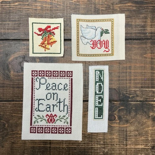 Lot Of 4 Completed Counted Cross Stitches Christmas Theme, Peace On Earth, Dove