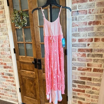 Roxy Maxi Dress Kids Medium Pink Striped Floral High Low Tiered Beach Summer NWT