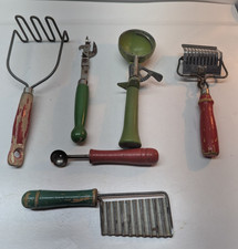 LOT OF 6 Red  Green Wooden Handle Kitchen Utensils Tools Decor Classic Steel