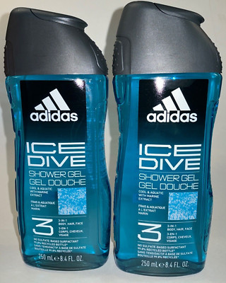 2 Adidas Ice Dive Shower Gel 3-in-1 Body Hair Face Wash Cool & Aquatic 8.4 fl oz
