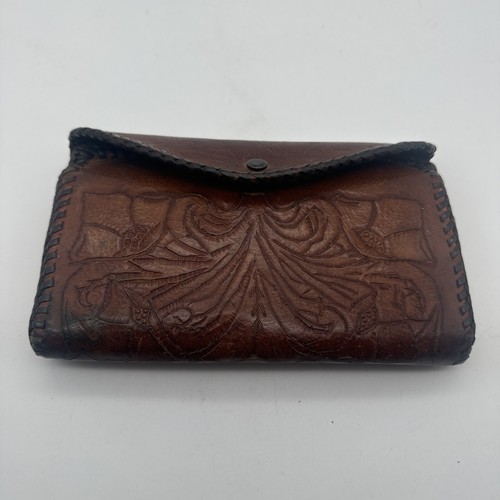 Vintage Hand Tooled Laced Leather Wallet Flowers Design Double Coin Purse