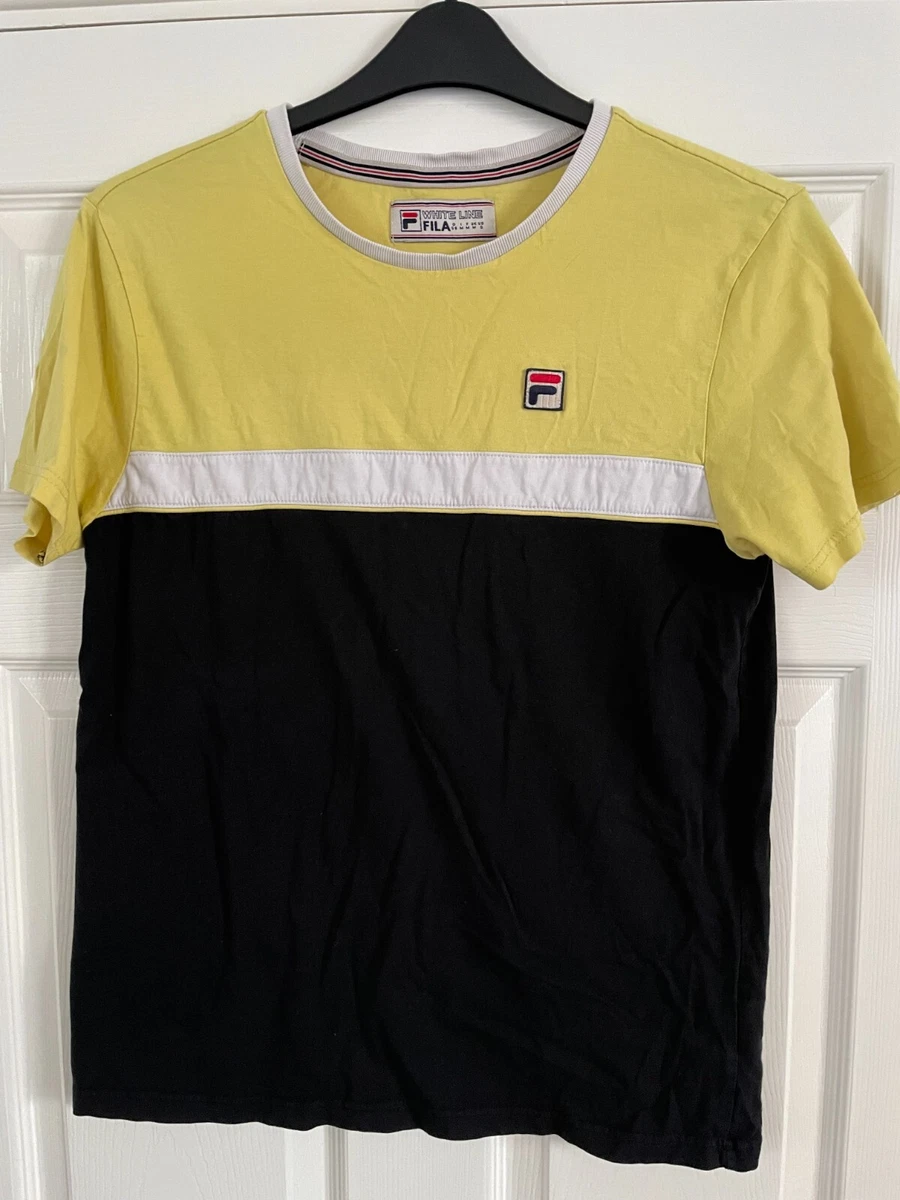 Men s Vintage White Line Fila T Shirt Yellow Blue S M eBay