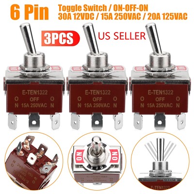 3x Kippschalter DPDT 6-Polig - 20A 125V / 15A 250V - Mit Wasserdichter Schutzkappe