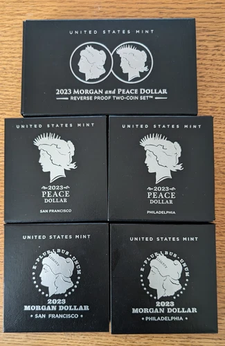 Morgan and Peace Dollar 2023 - 6 Coin Set - Uncirculated-Proof-Reverse Proof OGP