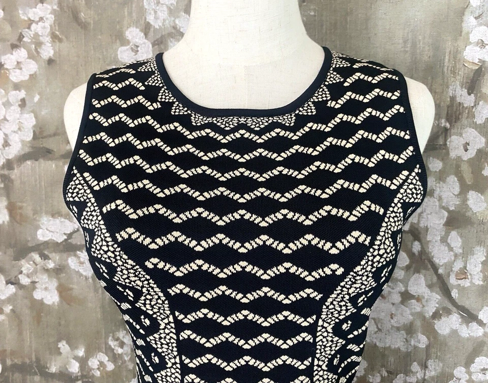 Vestido de festa BCBG MAX AZRIA preto Chevron malha pesada sem mangas ajuste alargamento P em excelente estado usado - Imagem 3 de 4