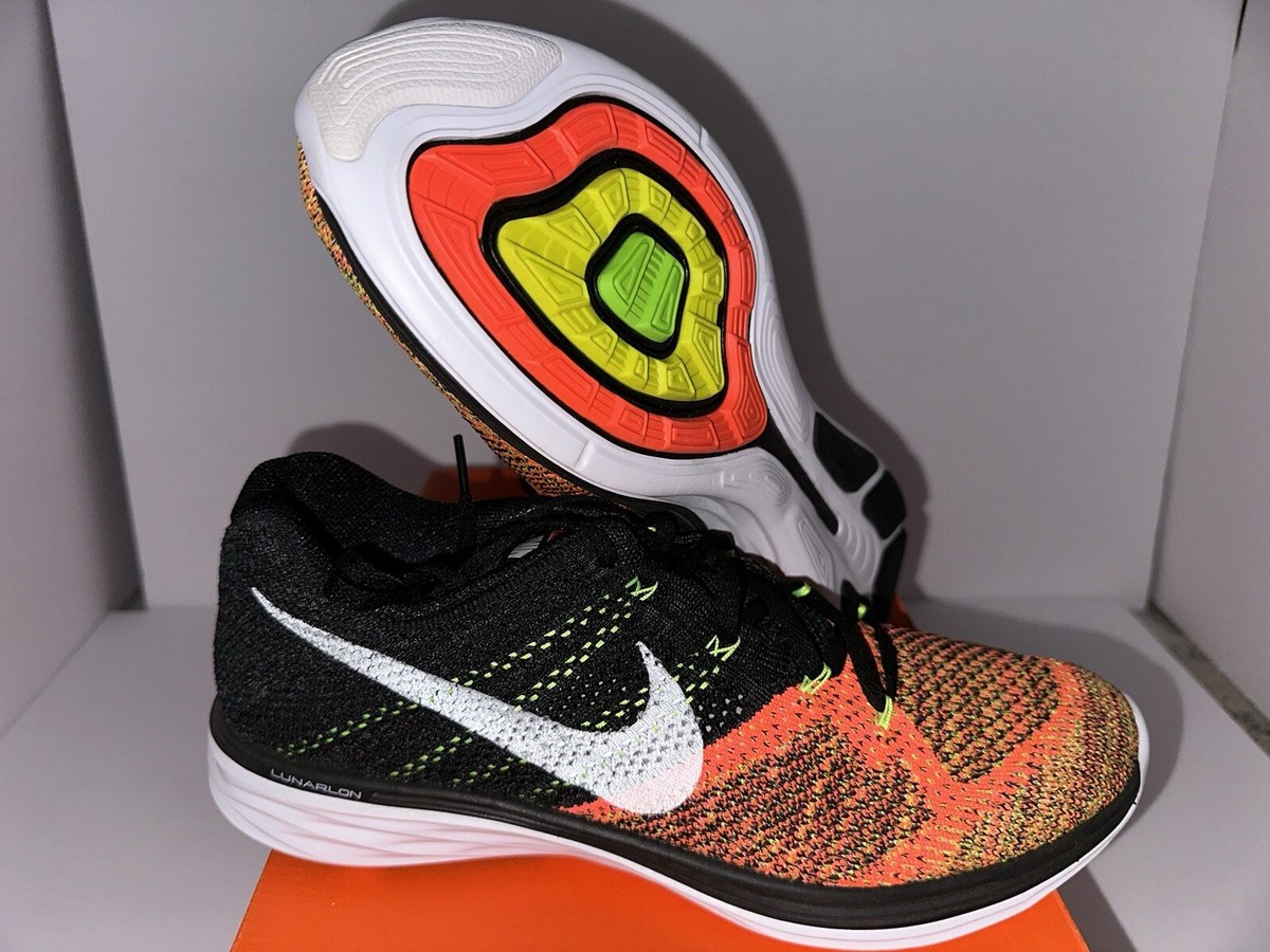 New Men's Nike Flyknit Lunar BLACK-WHT-ELECTRIC GREEN-ORANGE SZ