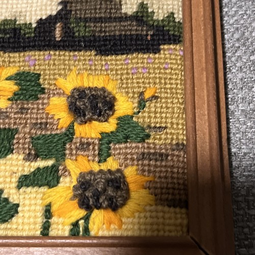 Sunflowers Barn Crewel Wood Frame Art Embroidered Farm Landscape - Picture 3 of 8