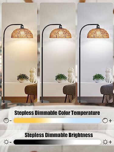 Rattan Floor Lamp- Boho Standing Lamp with Remote Rattan Standing Lamp Black - Picture 2 of 6