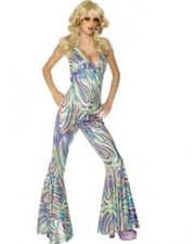 70's-80's Disco Jumpsuit Multi Color Iridescent Swirl Print Halter Costume Lg