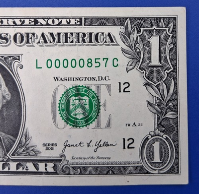 #ad 2021 $1 Dollar Low 3 Digit Fancy Serial Number 00000857 $27.00