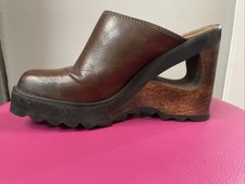 Vintage 90s Bongo Chunky Wood Platform Mules Clogs Leather Sz 6 Carved Out Rare