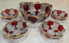 7 PIECE- 1906 Antique Ohio Flint Glass Co. Gloria Ruby Flash w/Gold Fruit Bowls