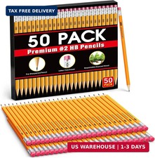 50-Pack Wood-Cased Yellow 2 Pencils Bulk, Pre-Sharpened with Eraser Tops