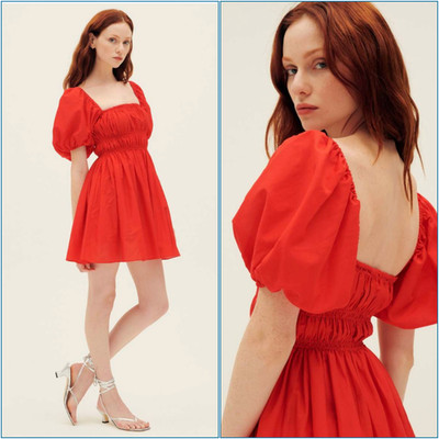 Matteau NEW Dress Size 3 AU 12 US 8 Red Shirred Peasant Short Puff Milkmaid