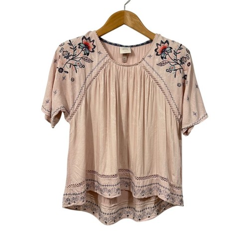 Knox Rose Women's M Pink Embroidered Boho Floral Blouse Flutter Short Sleeve