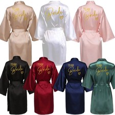 Wedding Party Team Bride Robe Kimono Satin Pajamas Bridesmaid Bathrobe Gold Lett