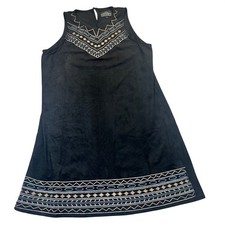 Angie Womens Black Faux Suede Embroidered Sleeveless Shift Mini Dress Size Large