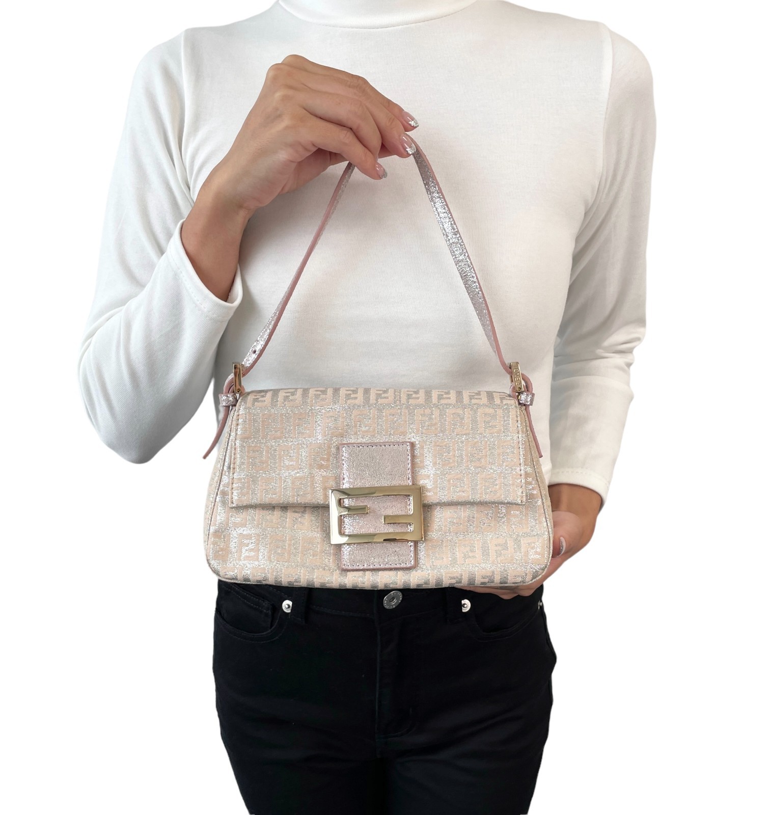 FENDI Vintage FF Zucchino Mini Mamma Baguette Shoulder Bag Pink Silver 902294
