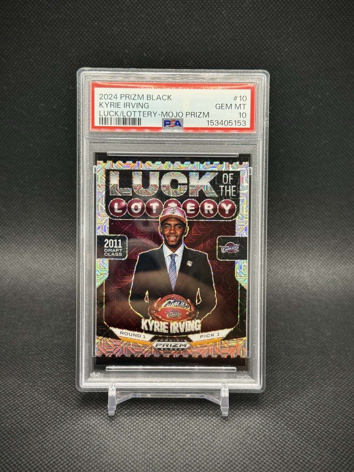 Kyrie Irving 2024 Prizm Black Luck of the Lottery Mojo Prizm /25 SSP PSA 10