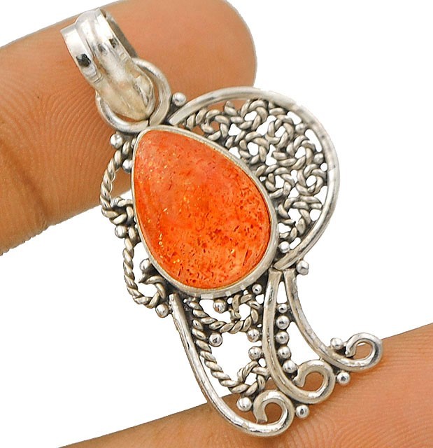 Natural Orange Sun Stone 925 Solid Sterling Silver Pendant Jewelry