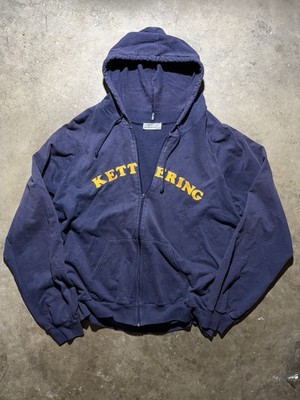 2000s KETTERING SUN FADED ZIP UP HOODIE NAVY YELLOW Y2K DISTRESSED SIZE LARGE