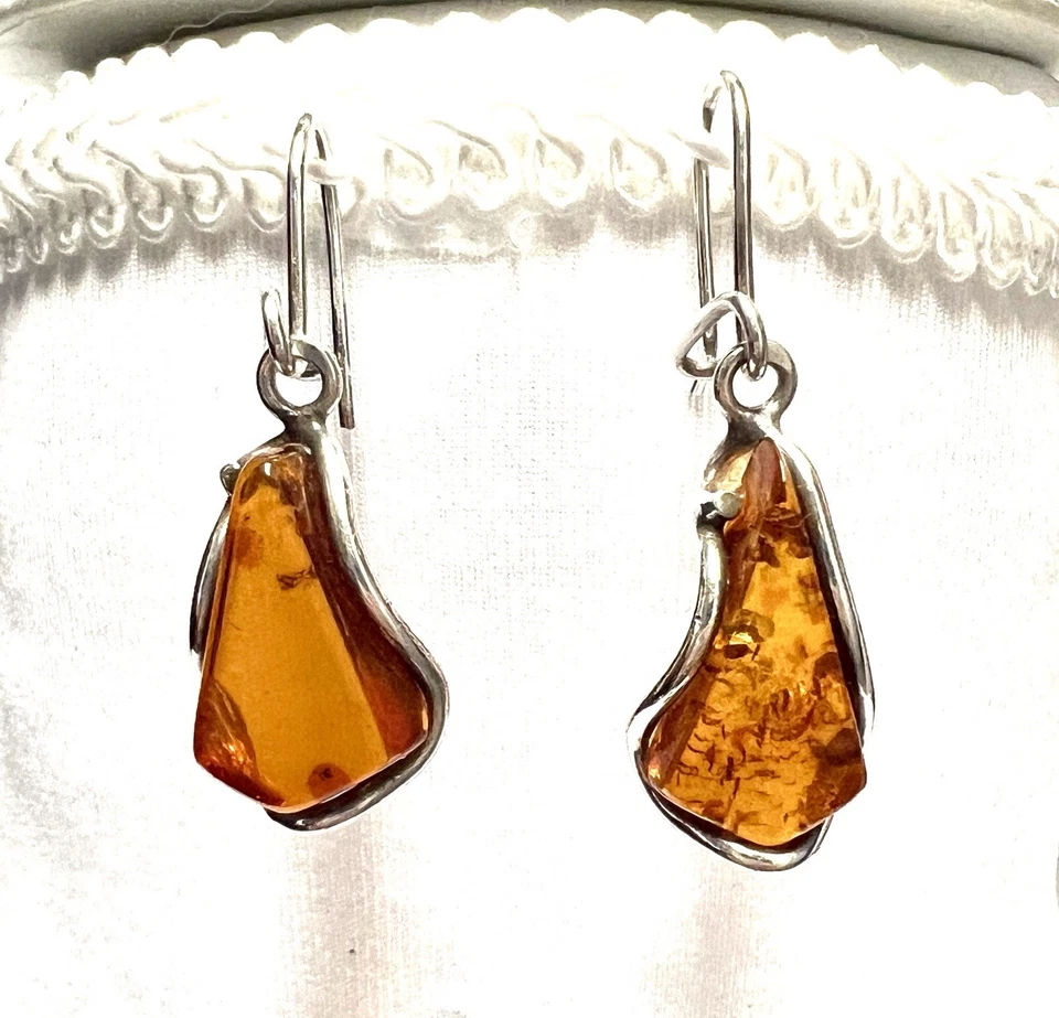 波罗的海琥珀吊坠和耳环套装复古纯银大号 — 第 4/4 张图片