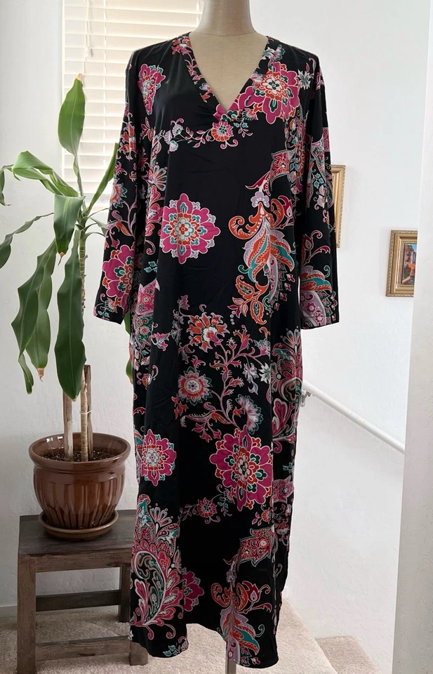 Vestido Natori Caftán Floral Paisley Negro Rosa Jaipur Satinado Midi Talla XL Caftán Foto 2 de 4