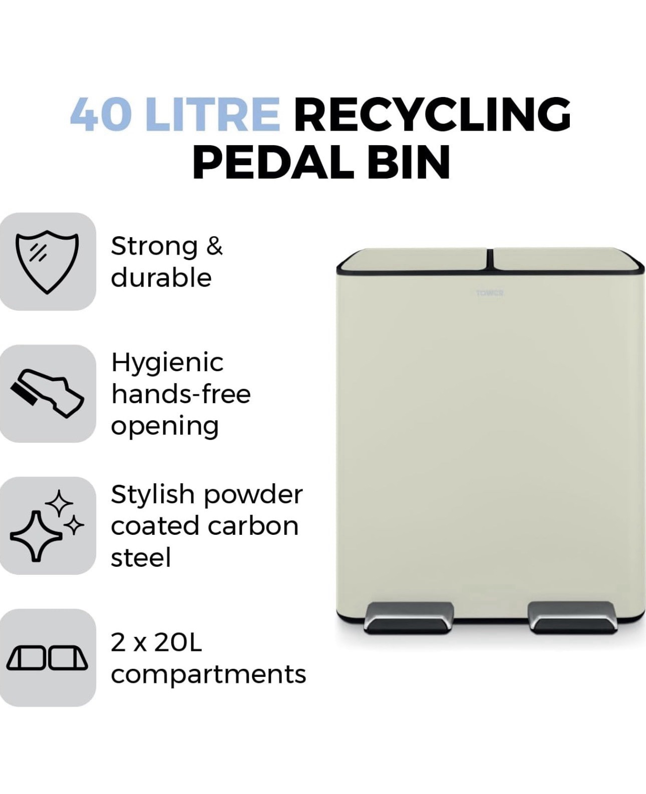 Tower Recycling Pedal Bin 40L Cream T838022C DENT