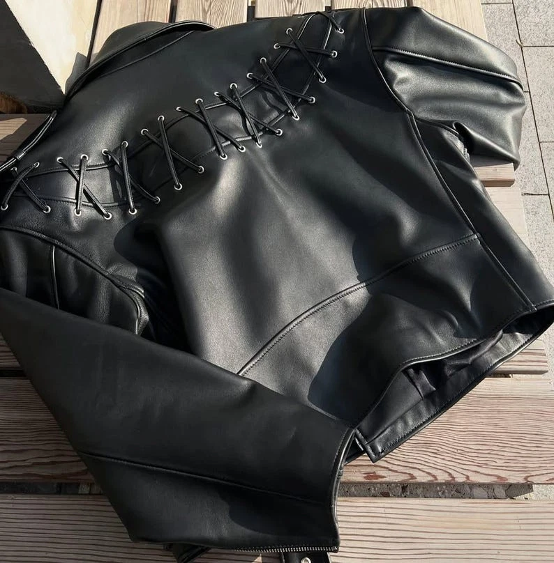 Women’s Vintage 90S Genuine Leather Oversize Retro style Casual Wear Black Biker - Image 4 of 4